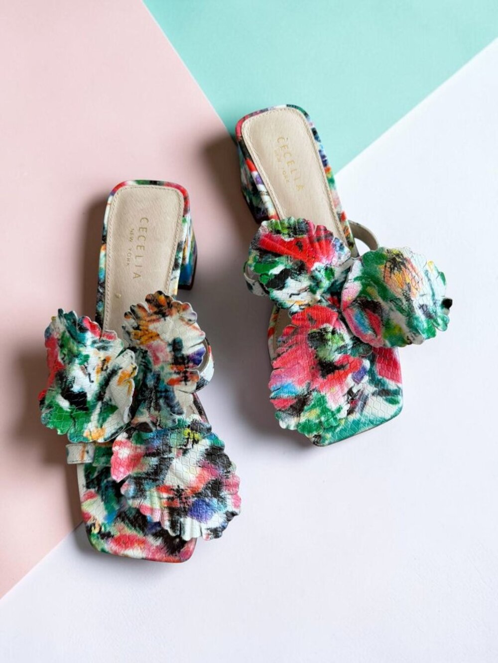 CECELIA NY Multicolor Floral Slide Leather Sandals Size 7.5